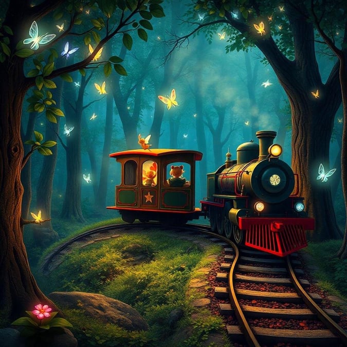 Join Thomas the Tank Engine on a magical journey through the night forest in this enchanting wallpaper. With whimsical butterflies fluttering around and the warm glow of lanterns lighting up the tracks, it's a charming scene that will delight children and adults alike.