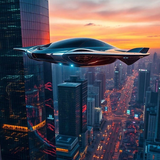 A high-tech, futuristic flying car soaring over a city skyline during dusk. The vehicle is sleek and modern, suggesting advanced transportation technology of the future.