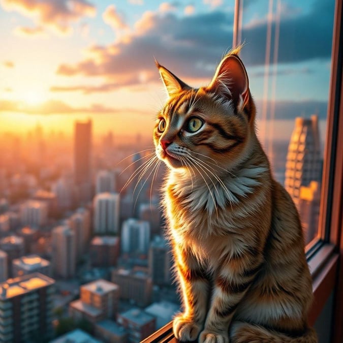 This cute cat gazes out over the city, basking in the warm glow of a beautiful sunset. The feline friend's whiskers twitch as it enjoys the view, making this a delightful wallpaper for pet lovers.