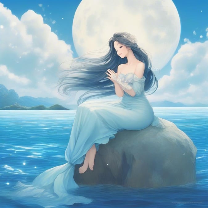 This anime-style wallpaper features a serene underwater scene with a beautiful mermaid princess as the main focus. The princess has long hair and is dressed in a stunning blue gown, sitting gracefully on a rock in the foreground. The background is a breathtaking light blue, cloudy sky with a large white moon visible in the upper left corner, creating a sense of wonder and enchantment.