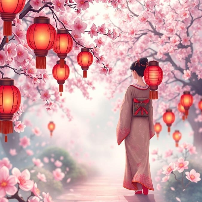 Entre em um mundo onírico com este deslumbrante papel de parede de geisha anime, apresentando uma geisha serena passeando por um jardim repleto de flores de ameixa e cereja em plena floração, cercada por delicadas lanternas vermelhas e um borrão de flores rosas e roxas ao fundo.