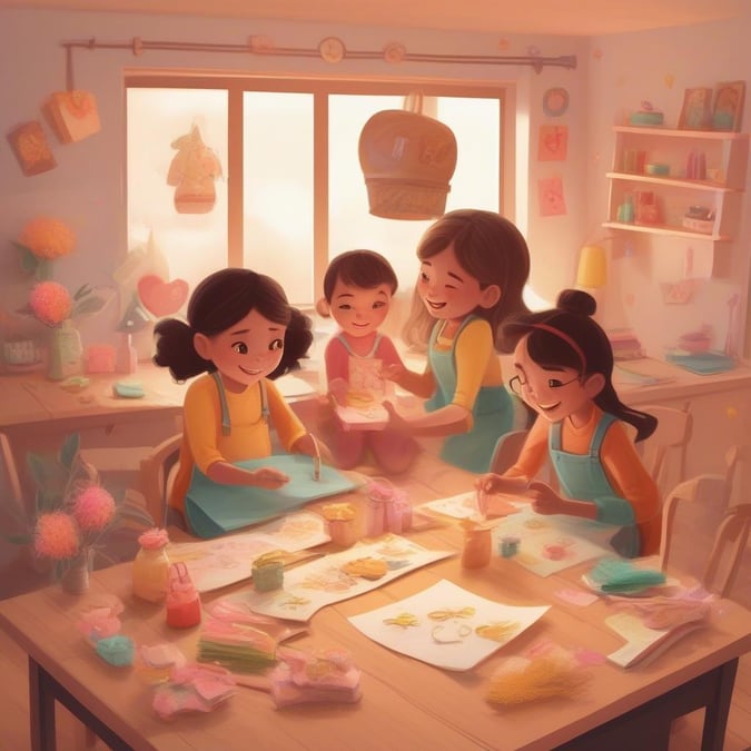 A heartwarming scene of a mother and her children creating art together, capturing the joy and love of Mother's Day.