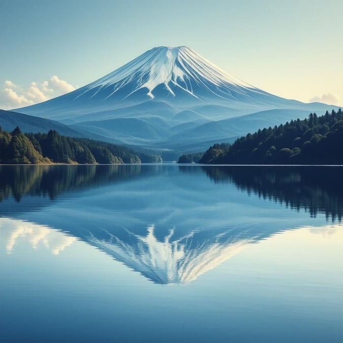 Tauchen Sie ein in die ruhige Schönheit des Mount Fuji, der perfekt auf den ruhigen Gewässern des Ashi-Sees reflektiert wird, wie in dieser atemberaubenden Anime-Stil-Illustration festgehalten.