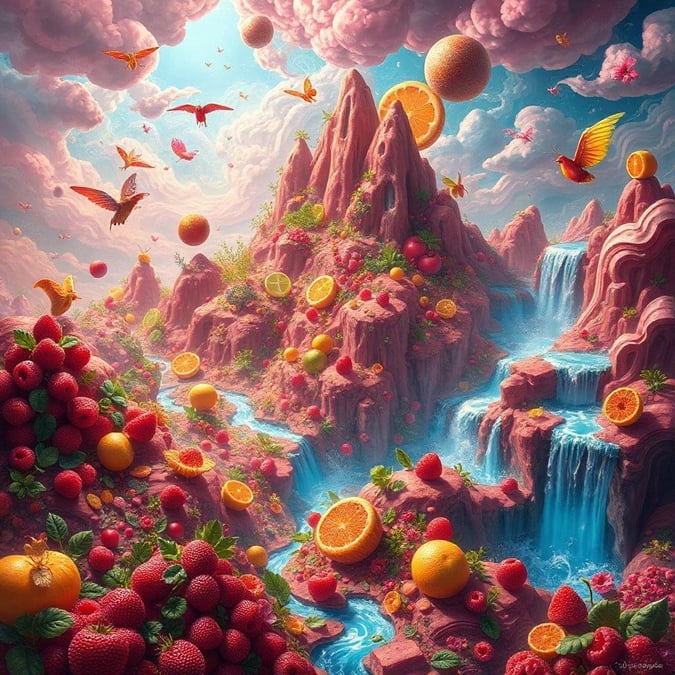 Step into a world of fantasy and indulge in the sweetness of nature's bounty. This stunning wallpaper showcases a breathtaking landscape of waterfalls, mountains, and an abundance of juicy fruits and berries, all set against a backdrop of a serene blue sky with fluffy pink clouds.