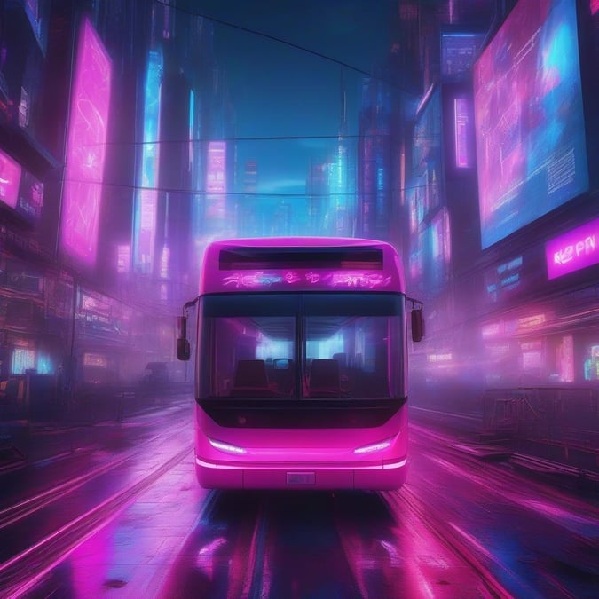 A pink bus cruises through a futuristic city street, with glowing signs and advertisements illuminating the scene. The vehicle's sleek design contrasts with the retro vibe of the surrounding neon lights.