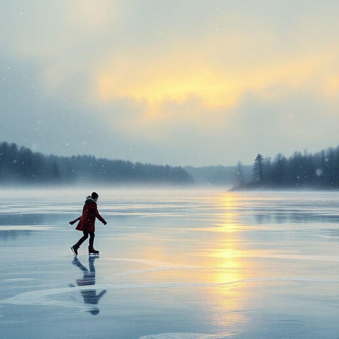 A couple enjoying a romantic walk along a frozen lake at sunset, with the silhouette of trees and mountains in the background under a beautiful sky.