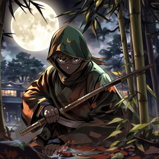 This anime-style illustration depicts a ninja sneaking through a bamboo forest under the light of a full moon, creating an immersive and captivating scene.