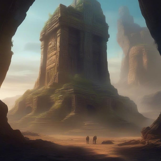 Step into a world of wonder and awe with this breathtaking sci-fi landscape wallpaper. Towering structures stretch towards the sky, shrouded in mist and mystery. The perfect desktop or mobile wallpaper for anyone who loves to explore the unknown.