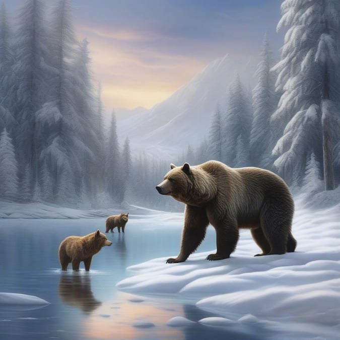 A serene winter scene featuring two majestic bears standing near a tranquil body of water, possibly contemplating their next fishing trip.