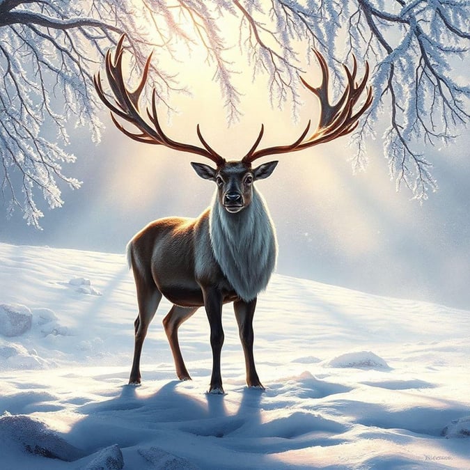 The majestic reindeer stands amidst the snow-covered forest, heralding the return of daylight during the solstice.