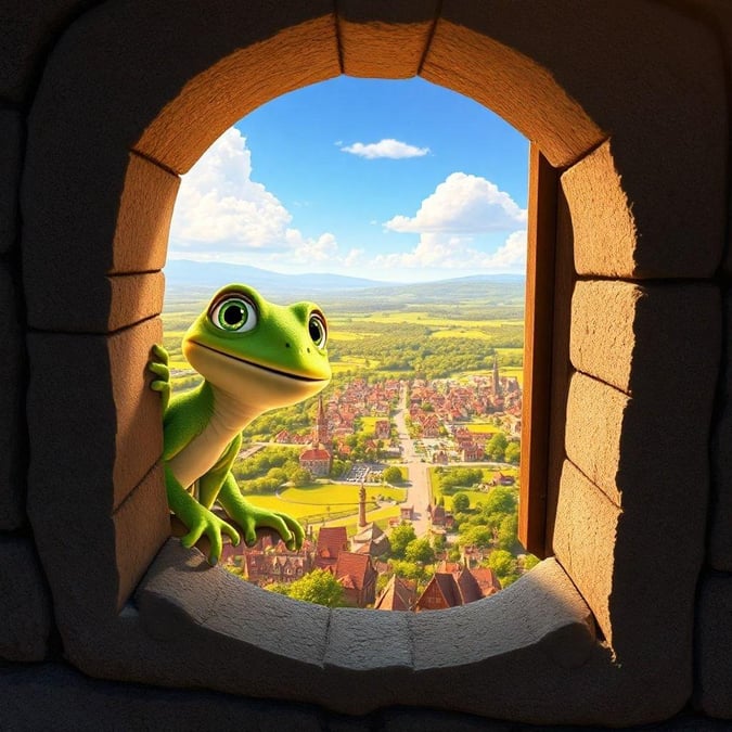 A whimsical scene featuring a cheerful Disney character, overlooking a charming village from an old-world window.