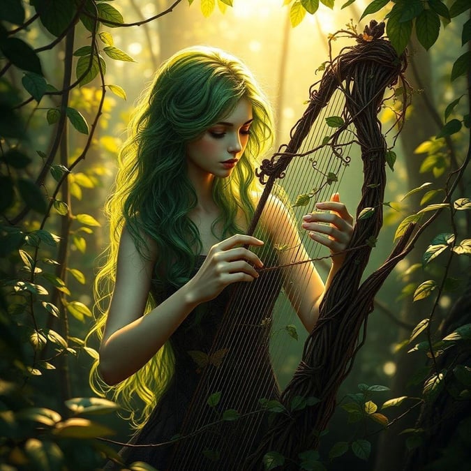 Immerse yourself in the mystical world of fantasy with this captivating wallpaper featuring a woman playing a lyre amidst a lush forest backdrop. The ethereal scene is perfect for those who appreciate the beauty of nature and the magic of fantasy characters.