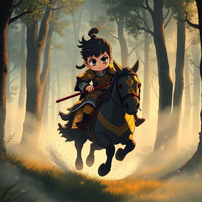 The adventurous spirit embodied as an anime character rides out into the misty forest, a sword in hand, embodying courage and exploration.