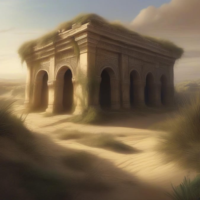 Explore the mysterious and ancient stone building with arches and a grassy roof, set against the backdrop of a desert landscape.