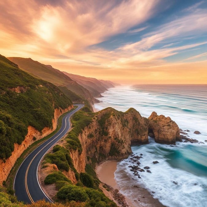 A scenic coastal road winds its way along the edge of a rugged cliff, overlooking the vast ocean at sunset.