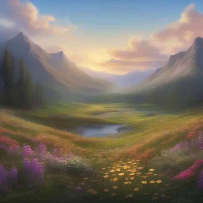 A vibrant, misty mountain meadow with blooming wildflowers leading to a tranquil lake at sunrise.