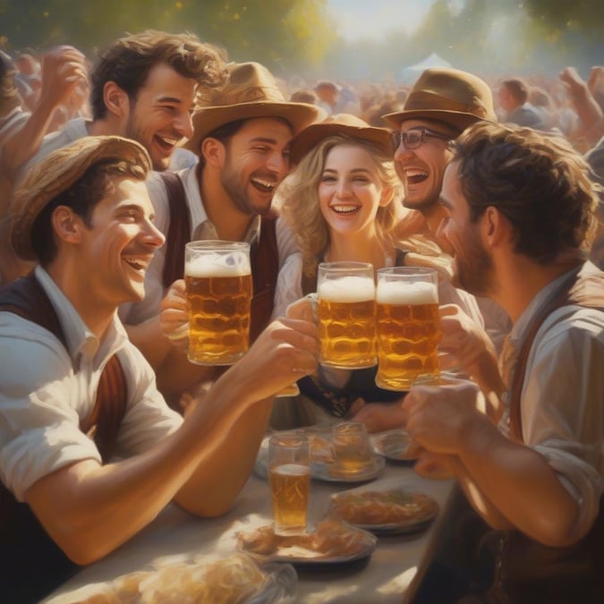 Friends enjoying their beers at the Oktoberfest celebration, filled with joy and laughter in a festive atmosphere.