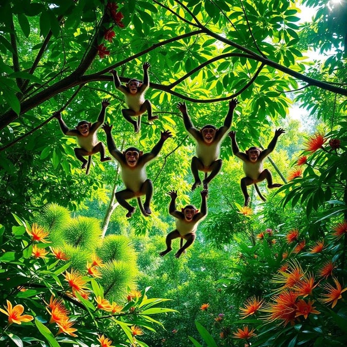 This lively scene captures three adventurous monkeys in the midst of an exciting leap. They are surrounded by a dense, vibrant jungle full of life and color.