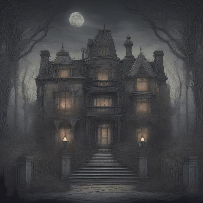 A large, eerie mansion shrouded in fog, under the moonlit sky, exuding a sense of mystery and haunt, perfect for desktop and mobile backgrounds during the spooky Halloween season.