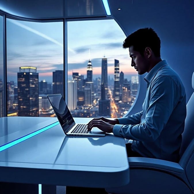 An urban professional working on his laptop in a modern office setting, high above the city skyline at dusk.