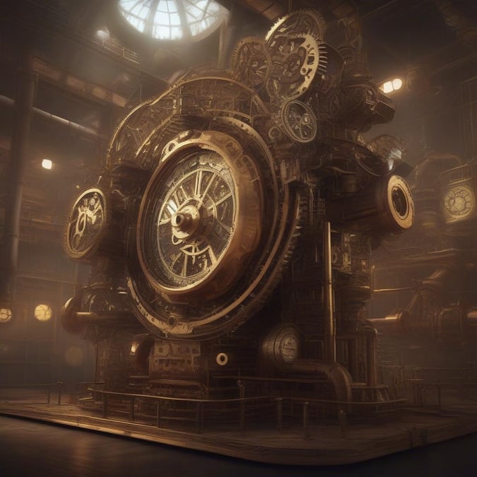 A grand clock gear, intricately crafted in gold, stands proudly amidst an industrial setting. The clock face is a beacon of time against the backdrop of steam-powered machinery.