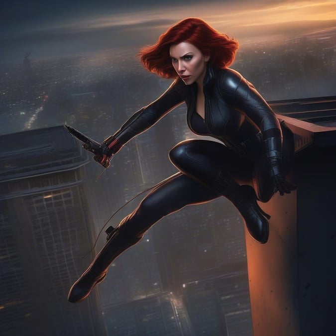 A dynamic depiction of the superheroine, Spider-Woman, captured mid-leap on a high-rise cityscape, embodying her agility and strength.