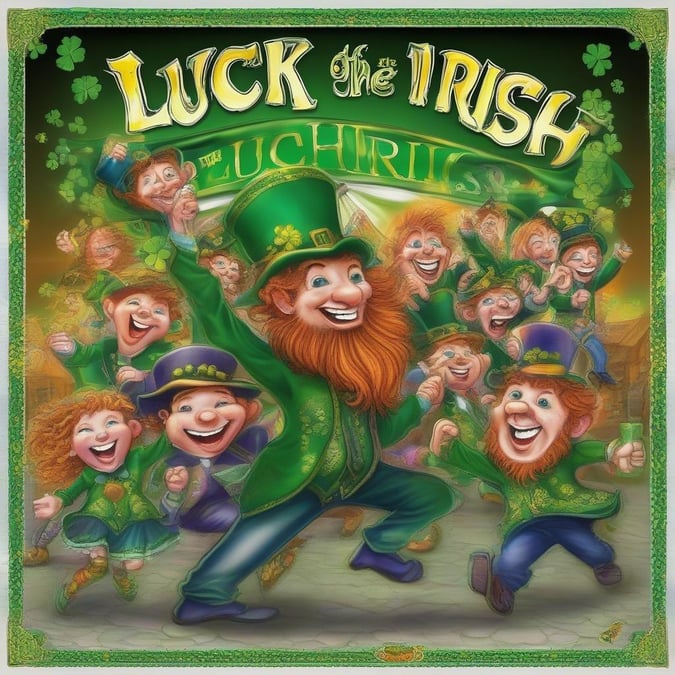 A lively gathering of leprechauns, led by the main character in a traditional Irish costume, dancing with joy to celebrate the lucky day of Saint Patrick.