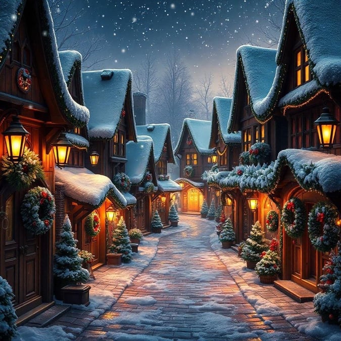 A cozy village street lit by warm Christmas lights, all covered in a blanket of fresh snow. The perfect festive winter scene.