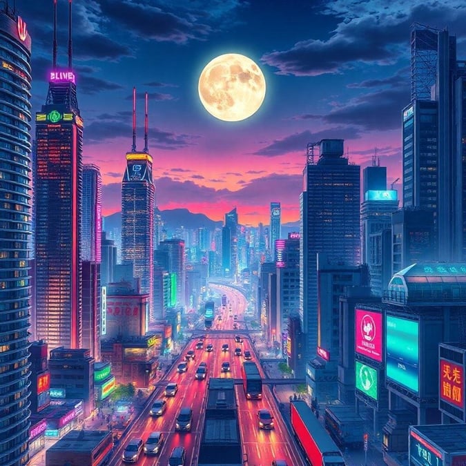 A stunning anime cityscape at night, featuring vibrant skyscrapers, neon lights, and a glowing moon.