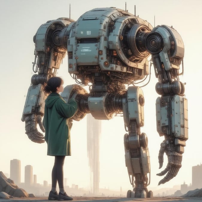 This image captures a moment of connection between human ingenuity and mechanical brilliance. A young inventor, dressed in a green jacket and black pants, cradles her intricately designed robot with a sense of pride and care. The robot, standing tall on two legs, showcases the artist's meticulous attention to detail. In the backdrop, silhouettes of a city skyline hint at a futuristic setting, while the warm glow of the setting sun adds an ethereal quality to this scene. The image is a testament to the fusion of artistry and technology, a common theme in anime-inspired digital illustrations.