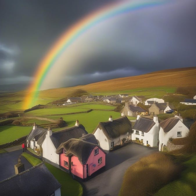 A picturesque view of a rainbow arching over quaint stone cottages, capturing the spirit of St. Patrick's Day celebrations in a rural setting.