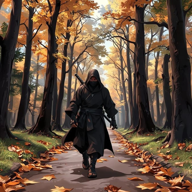 A serene anime illustration of a lone ninja walking through a forest of tall trees, with a path flanked by fallen leaves leading into an enchanting forest.