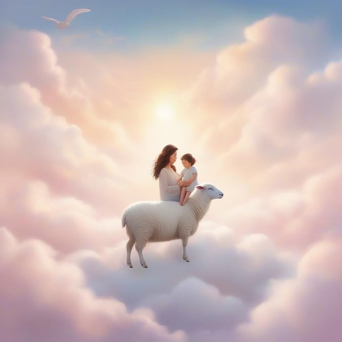 This image captures the warmth and tenderness of a mother's love, as she gently holds her child. The serene backdrop of clouds and a bird in flight adds to the sense of peace and care. It's a beautiful representation for Mother's Day wallpaper that anyone can appreciate.