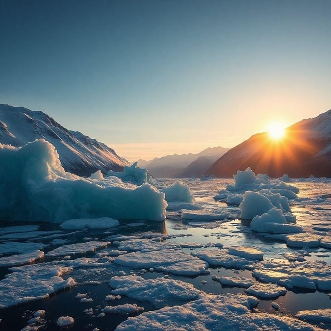 A stunning sunset over a frozen lake, surrounded by majestic mountains and peaceful ice floes.