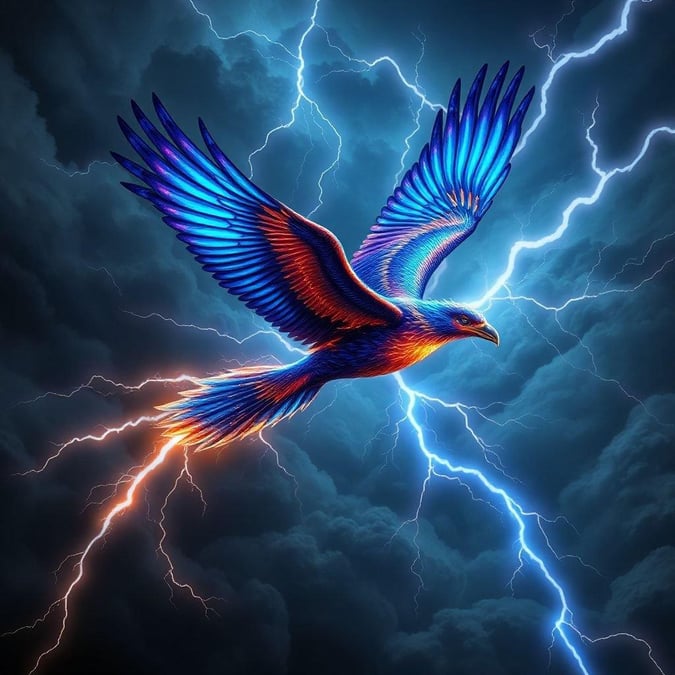 A majestic phoenix, the symbol of rebirth and strength, soaring through a tumultuous sky as lightning bolts strike in the background.