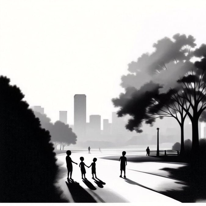 This minimalist city scene captures a peaceful moment on a family walk. As they journey through the park, silhouettes of trees and buildings stretch into the foggy sky, creating an atmosphere of serenity.