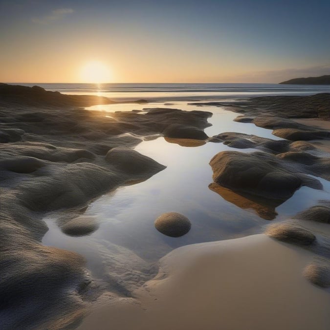 A tranquil scene of a beach during sunset, with the warm light reflecting off the wet sand and a hint of the ocean in the distance.