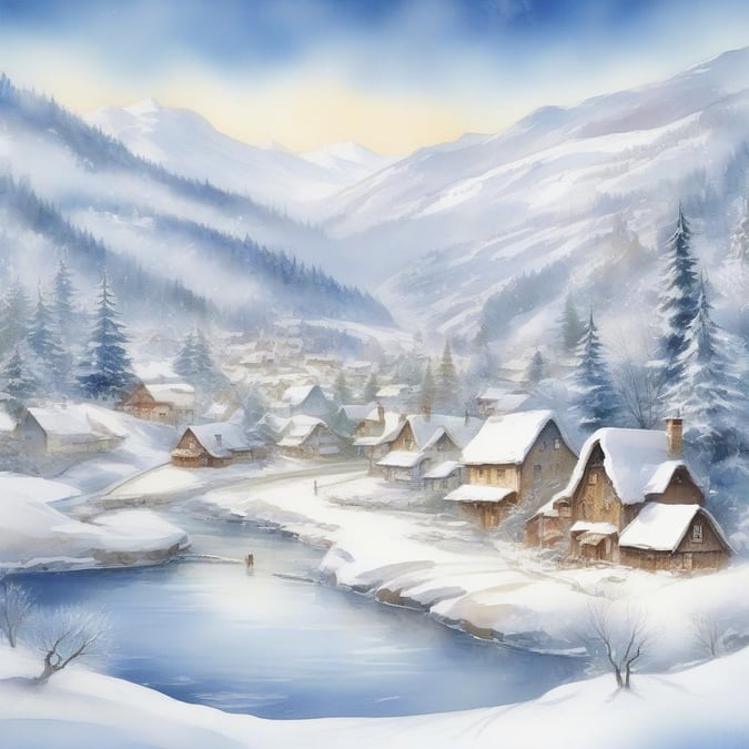 A picturesque winter scene with houses nestled in the mountains, surrounded by a snowy landscape.