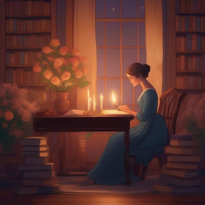 In the quiet solitude of her study, a literary lady immerses herself in stories of yore, accompanied by the gentle glow of candlelight.