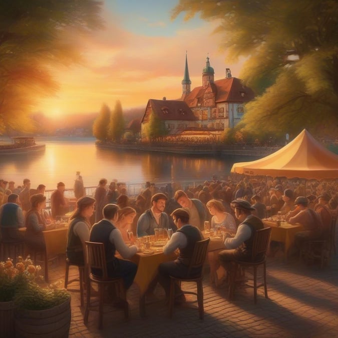 Immerse yourself in the vibrant atmosphere of Oktoberfest with this stunning wallpaper. The image captures the essence of the festival, with people gathered around tables, enjoying traditional German beer and food. The lively scene is set against a picturesque backdrop of a river, complete with a castle and a boat, evoking the spirit of Bavarian culture and heritage.