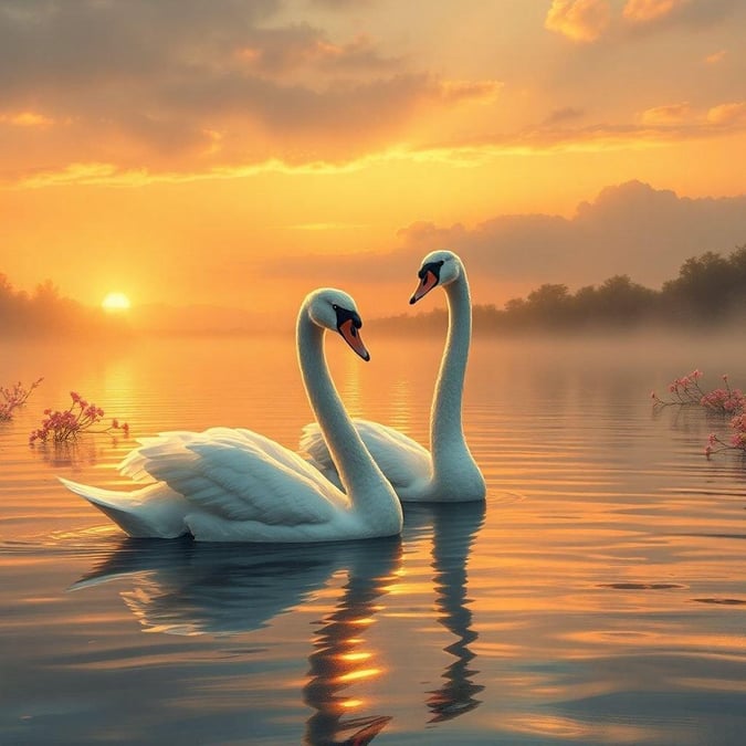 A serene and romantic scene of a couple of swans floating on a lake during sunset, perfect for a wedding or anniversary wallpaper.