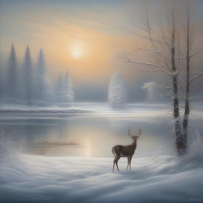 A serene winter landscape with a single deer standing on the snowy shore, facing the calm lake, basking in the warm glow of the setting sun.