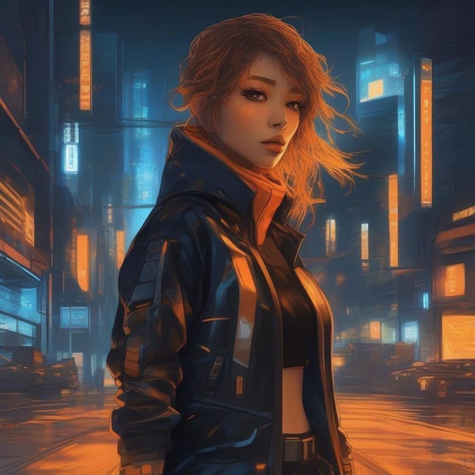 In the neon-lit heart of a futuristic city, a solitary figure strides forward. Her outfit, a blend of cyberpunk cool in black and blue, stands out against the urban backdrop. The glow from her face adds an otherworldly touch to her persona. She's lost in thought, navigating a world shaped by technology and dreams.