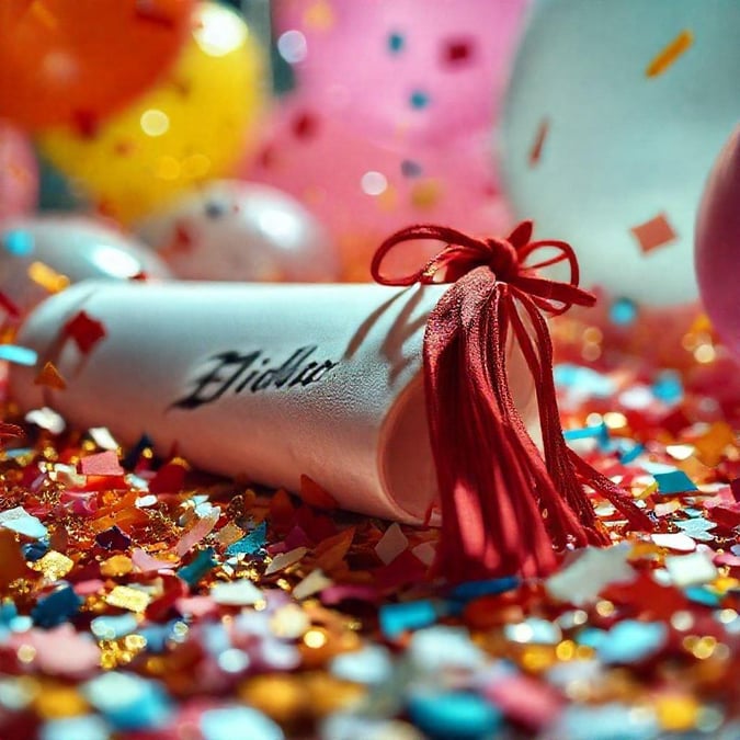 A festive graduation scene with colorful confetti and a diploma rolled up in front, signifying achievement and celebration.