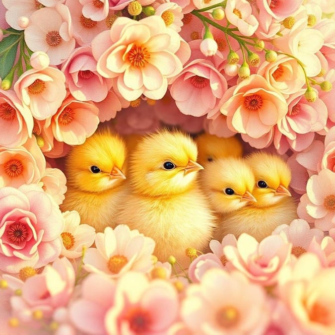 Add a touch of springtime charm to your desktop or mobile with this adorable Easter wallpaper featuring three cute chicks nestled among pink flowers. Perfect for celebrating the Easter season, this wallpaper is sure to bring a smile to your face.