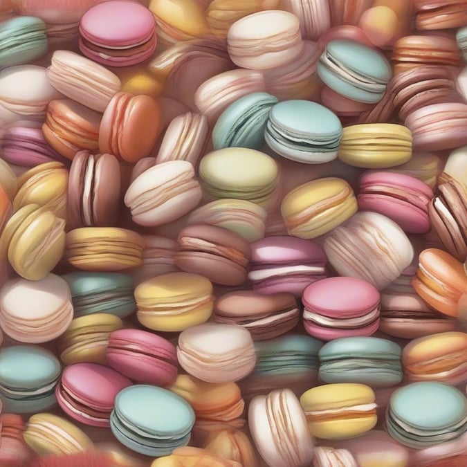 A colorful assortment of macarons in shades of pastel green, orange, pink, blue, and yellow, with a soft bokeh effect.