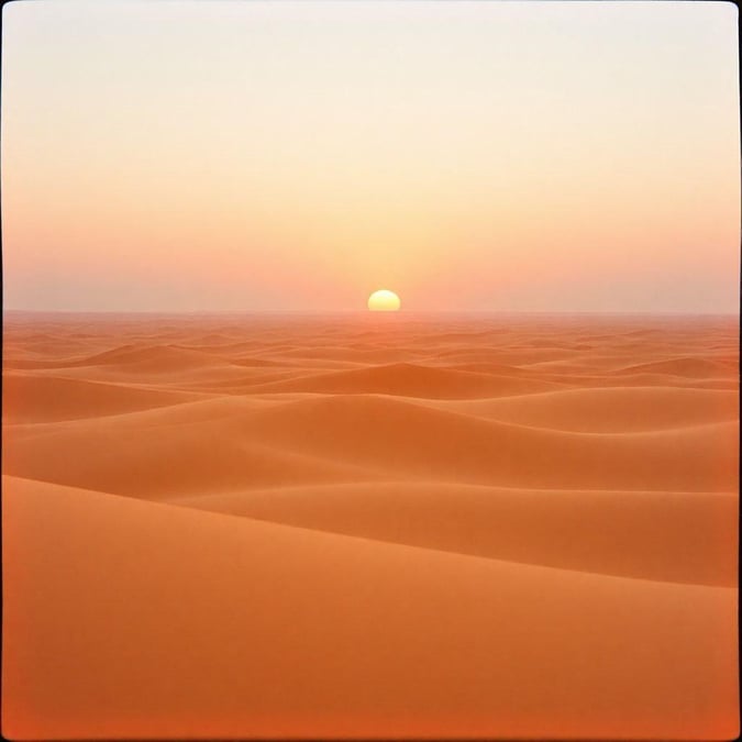 An expansive view of the sun setting over the rolling dunes of the Sahara, casting a warm glow that contrasts with the cool tones of the night sky. This image captures the tranquility and beauty of nature in its most raw form.