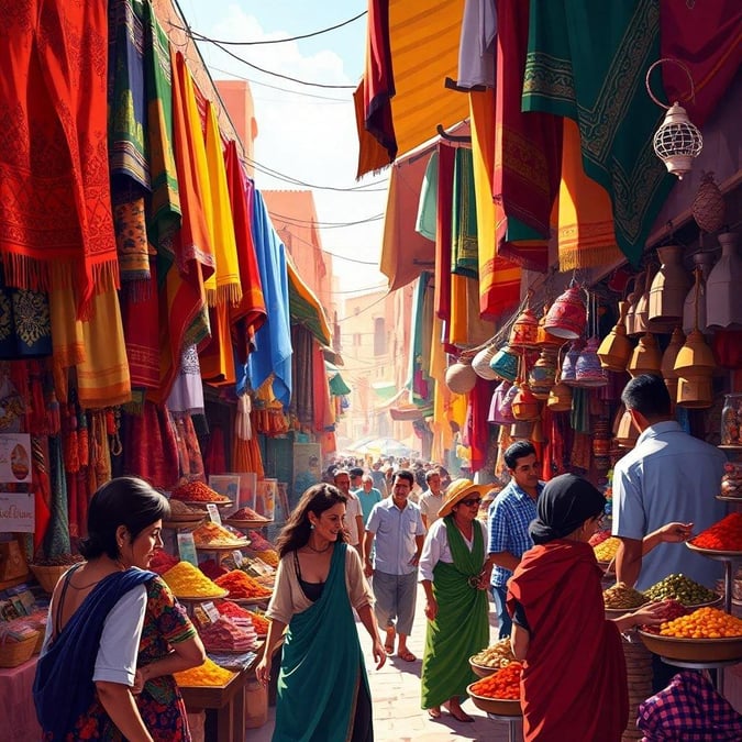 This lively scene captures the essence of a bustling marketplace, with people shopping for vivid textiles and spices. The colors are bold and inviting, reflecting the warmth and energy of the local culture.