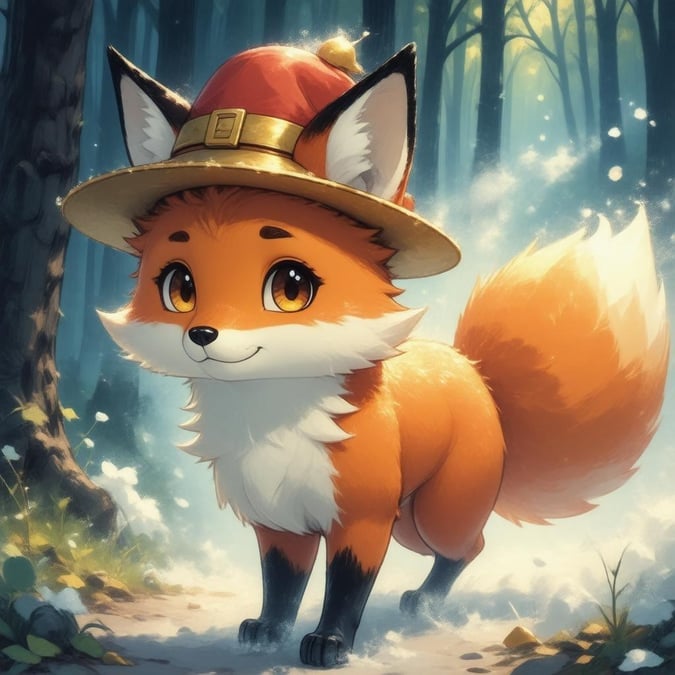 This wallpaper features a charming anime fox in a forest setting, with a golden hat and a red hat adding a touch of whimsy to its vibrant orange and yellow fur.