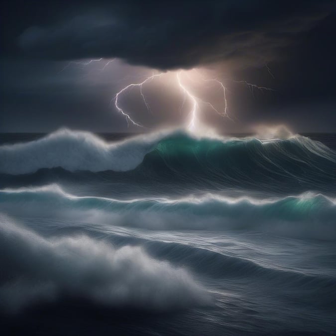 This stunning wallpaper captures the raw power and beauty of a stormy ocean. The dark, turbulent sea stretches out to the horizon, with waves crashing against the shore in a mesmerizing display of nature's fury. The sky above is a deep, foreboding grey, with lightning illuminating the clouds in a flash of brilliant white. The overall effect is one of awe-inspiring drama, making this image a perfect choice for anyone who loves the ocean and the thrill of a storm.